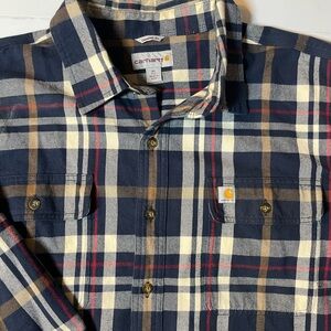 Carhartt Original Fit Long Sleeve Men Shirt XL Tall Button Up Blue Plaid Flannel